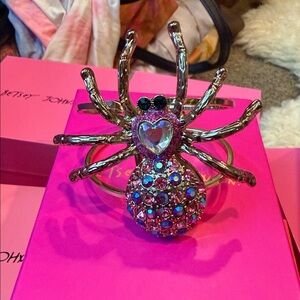 Betsey Johnson Enchanted Forest HUGE Pink Spider AB Hinged Bangle Bracelet RARE